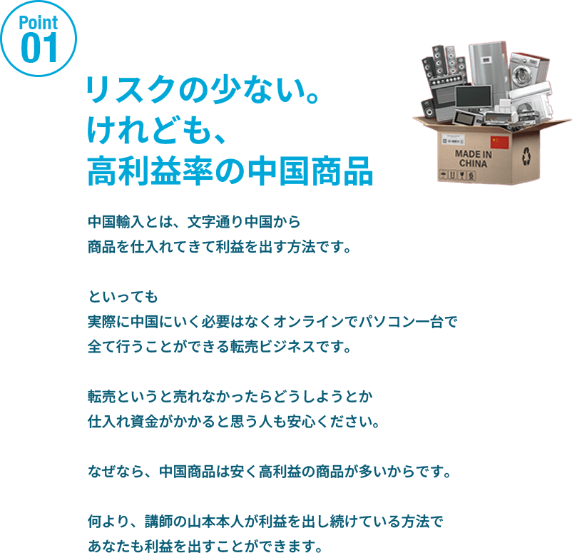 ポイント1
						：高利益率の中国商品