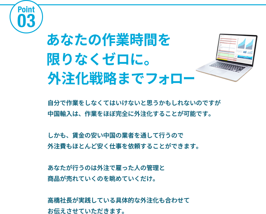 ポイント3
						：外注化戦略までフォロー